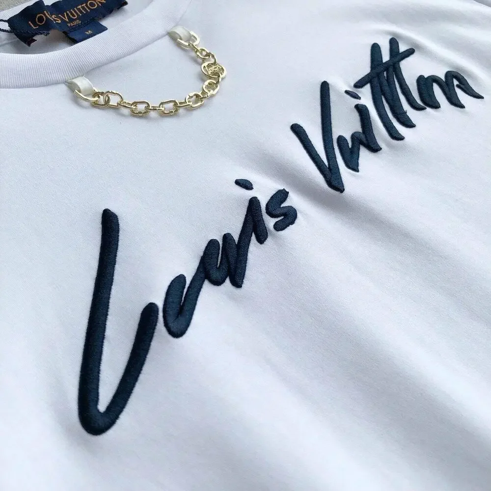 LOUIS VUITTON Cursive Signature T-Shirt White Black Large Medium Women 1AII22